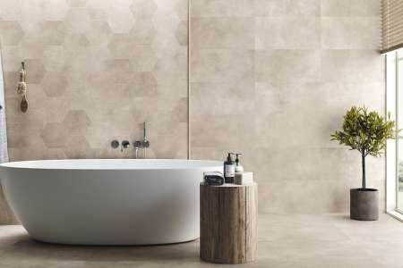 Světlá koupelna s obklady APE WORK 30x60 TAUPE