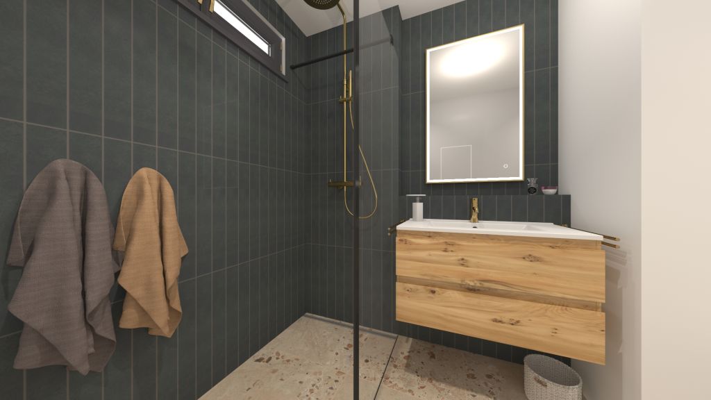 Realizace vizualizace černobílé moderní koupelny s obkladem Marca Corona Longarine Brio a dlažbou Fioranese I Cocci Siciliani