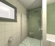 Vizualizace zelenobéžové koupelny s dlažbou Codicer Riviera Nice Green a obkladem Codicer Basic