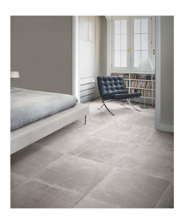 Realizace Dlažba Piemme Uniquestone Titanium v minimalistické ložnici