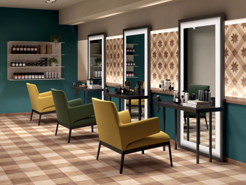 Realizace Retro obklady a dlažby Marca Corona Terra Ocra, Rosso, Avorio & Rosso & Stella C.