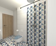 Vizualizace hravé koupelny s modrými obklady a modrou dlažbou Deceram PAM Triangle Blue 22,5x22,5