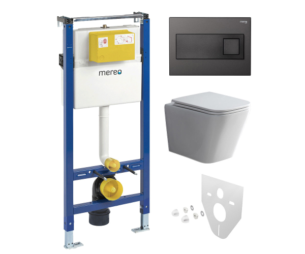 Mereo Wc Set - Smart Flush Rimless Wc Hranaté, Modul Pro Sádrokarton, černé Hranaté T