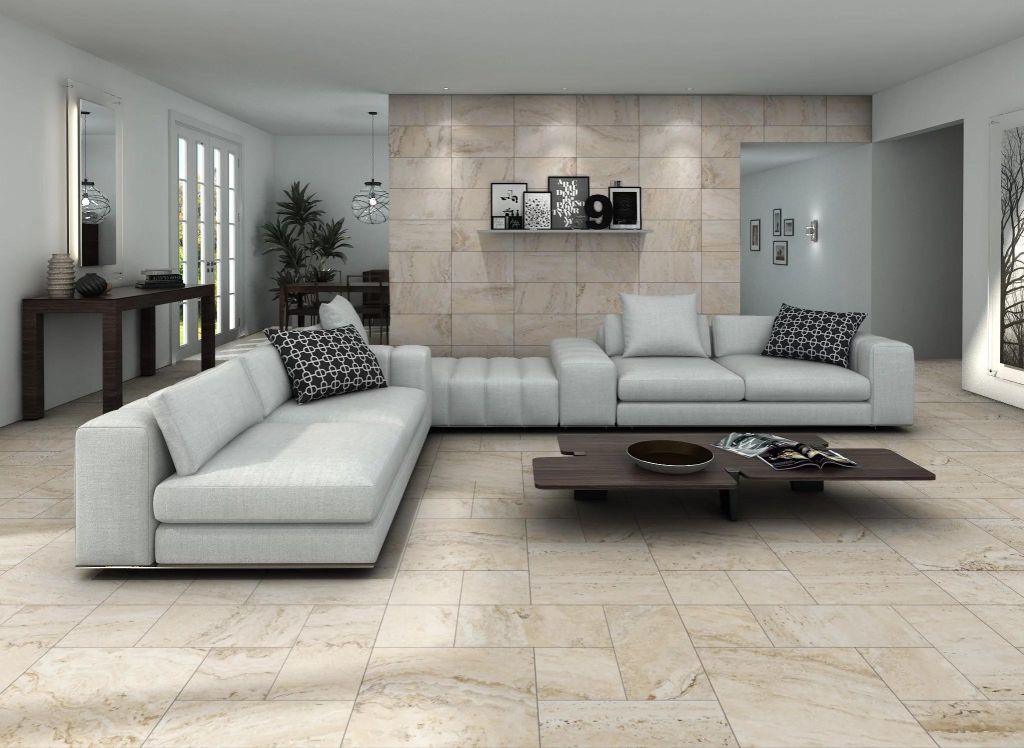 Realizace Imitace kamenné dlažby ve skladbě formátů Siena Beige (Codicer