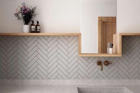 Stylová koupelna s dřevěnými prvky a obkladem Equipe Costa Nova Grey Matt