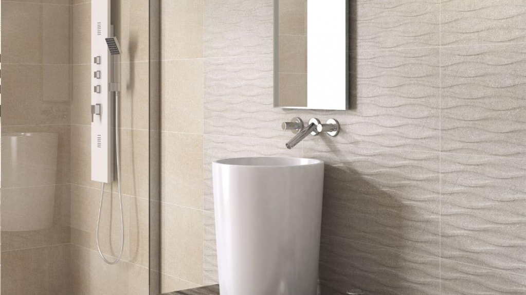 Realizace Béžová kamenná koupelna Codicer Basalt Sugar Wave a Basalt Cream 