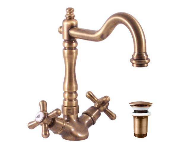Umyvadlová/dřezová baterie  s výpustí MORAVA RETRO Stará mosaz (Bronz) 3/8" MK121.0/8SM