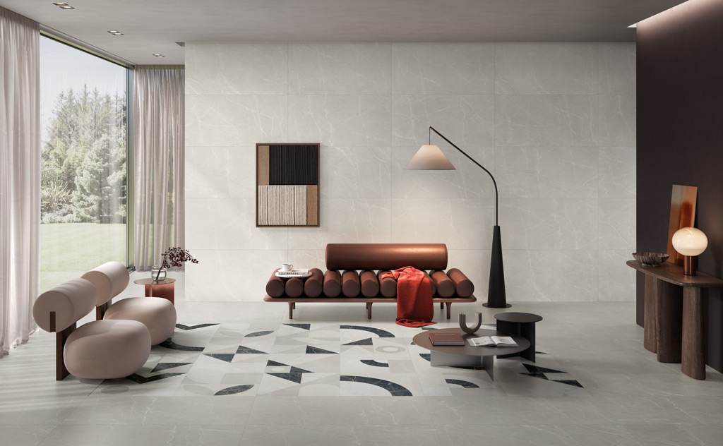 Realizace Obývací pokoj s kombinací obkaldu a dlažeb ze série La Fenice Marble Velvet.