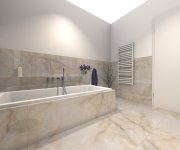 Vizualizace béžové koupelny s dlažbou jako mramor ze série Cifre Onix