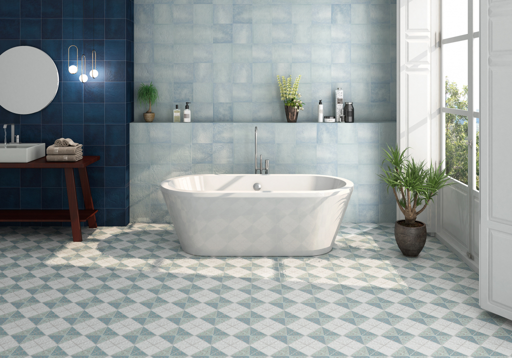 Realizace Barevné stěny a podlahy v KOUPELNĚ Bestile Ceramicas Nara