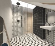 Černobílá podkrovní geometrická koupelna s dažbou a obkladem Paradyz Ceramika Modern