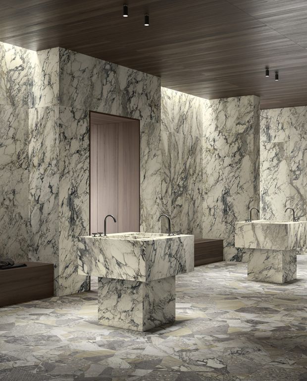 Realizace Veřejná umývárna s mramorem ze serie Del Conca Marble Edition.