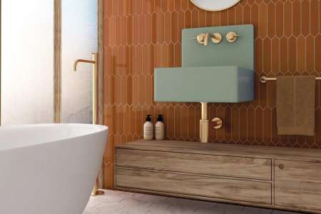 Skvělá stylová koupelna s oranžovým obkladem Equipe Arrow Russet 5x25