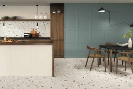 Elegantní moderní kuchyně s terrazzo podlahou a zelenou stěnou