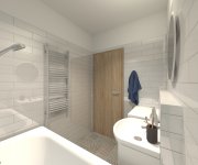 Vizualizace elegantní světlé koupelny s černobílou patchwork dlažbou Deceram PAM Memphis Deco1 22,3x22,3 MIX 