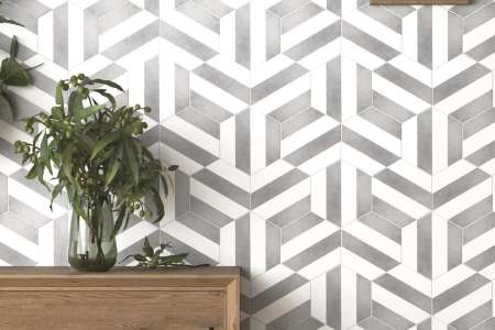 Jedinečné šedo-bílé obklady s dekorem pruhů tvaru hexagonu Bestile Meraki Stripe Gris pro Váš interiér