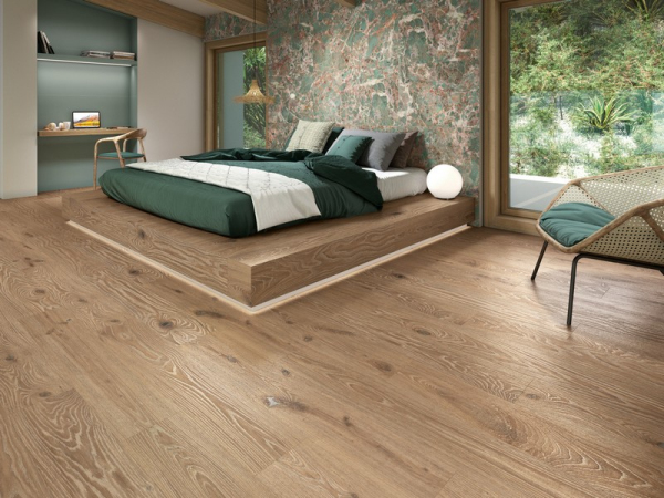 Ložnice s dlažbou v designu dřeva, biophilic design