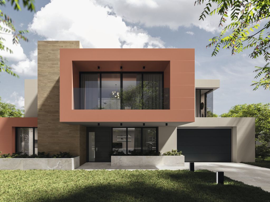 Realizace Červené obklady na fasádu APE Tonality Rouge 60x120 Matt. Rett.