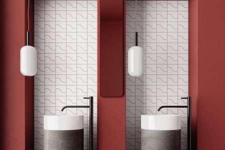 Netradiční bílý obklad Equipe Curve White v moderním interiéru