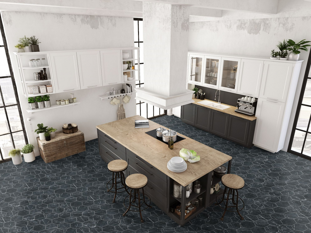 Realizace Dlažba ve tvaru Hexagon Codicer Marquina 22x25