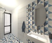Vizualizace hravé koupelny s modrými obklady a modrou dlažbou Deceram PAM Triangle Blue 22,5x22,5