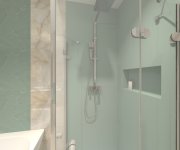 Zelenobéžová koupelna s kombinací vzorovaného obkladu APE Tonality Tint Turquoisea a obkladu jako mramor Cifre Onix Cream Pulido