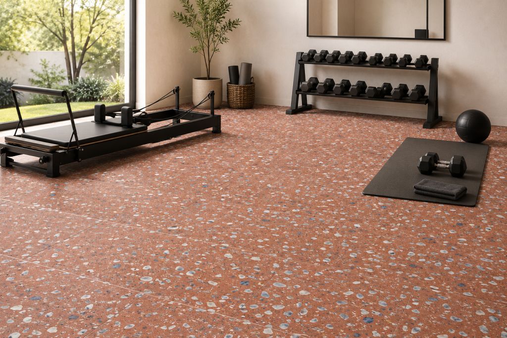 Realizace Cihlová terrazzo dlažba pro domácí gym