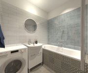 Vizualizace elegantní světlé koupelny s černobílou patchwork dlažbou Deceram PAM Memphis Deco1 22,3x22,3 MIX 