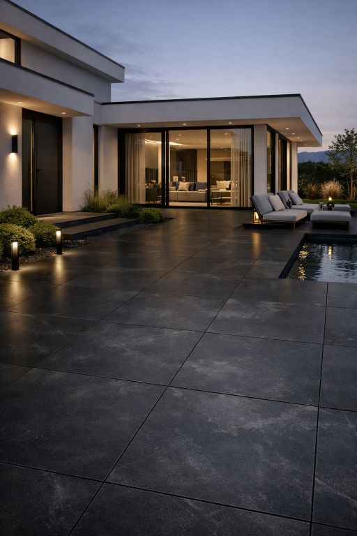 Realizace Vyvýšená tmavá terasa s dlažbou jako beton Gardenia Make Nero 