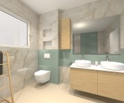 Zelenobéžová koupelna s kombinací vzorovaného obkladu APE Tonality Tint Turquoisea a obkladu jako mramor Cifre Onix Cream Pulido