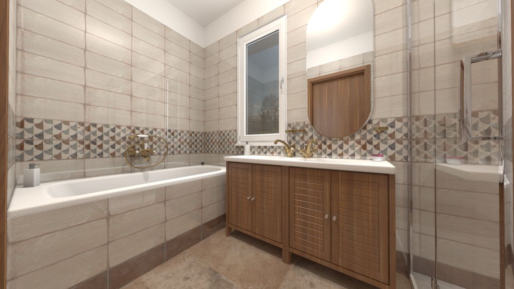Realizace vizualizace hnědobéžové retro koupelny s obkladem ze série La Fenice Toledo