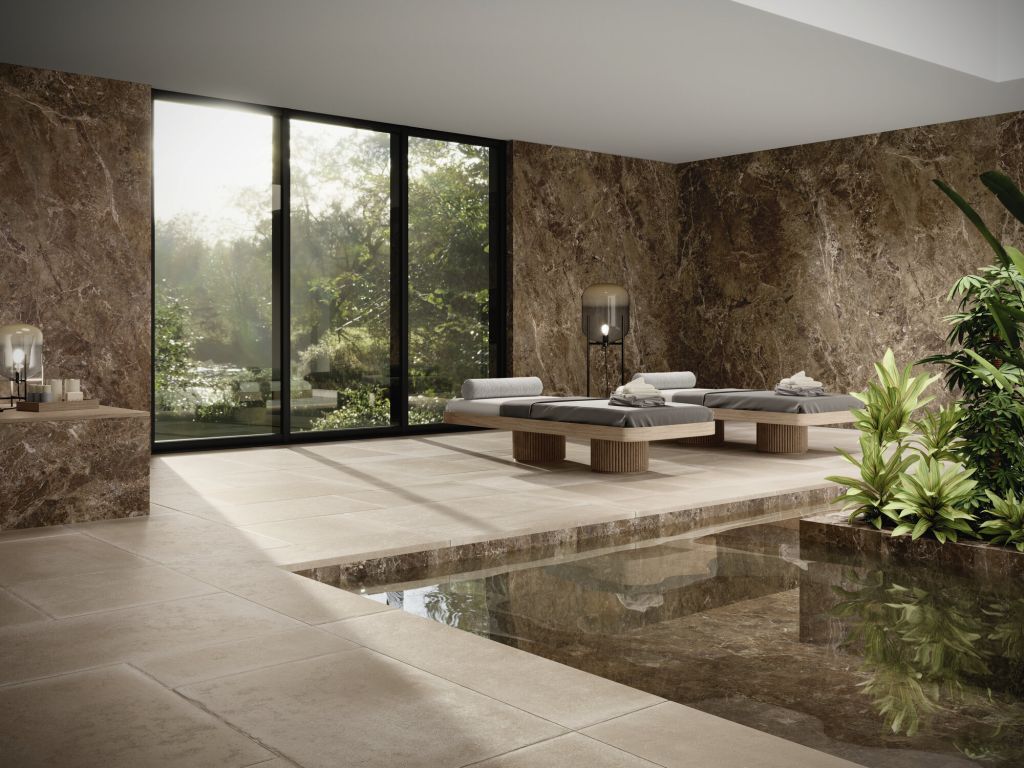 Realizace Luxusní domácí wellness s obklady a dlažbou Ape Imperial Brown