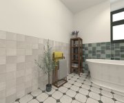 Vizualizace zelenobílé retro koupelny s dlažbou jako kámen Estudio Renaissance Corner a obkladem Equipe Artisan