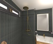 vizualizace černobílé moderní koupelny s obkladem Marca Corona Longarine Brio a dlažbou Fioranese I Cocci Siciliani