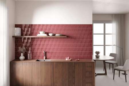 Retro koupelna s něžně červenými obklady Equipe Curve Ruby Shade