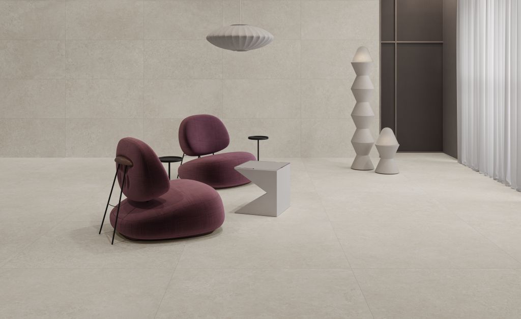 Realizace Designový obývací prostor s dlažbou Navarti Batela Beige