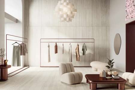 Realizace moderního obývacího pokoje Touch Stone Vein White ze serie Wide Gress 280