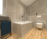 Béžová koupelna s obkladem Cerpa Beton Beige a dlažbou Sichenia Parkett Thun Soft GRIP