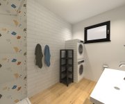 Vizualizace moderní koupelny ve stylu terrazzo v kombinaci imitace dřeva - Cerpa OBI a Sichenia Parkett