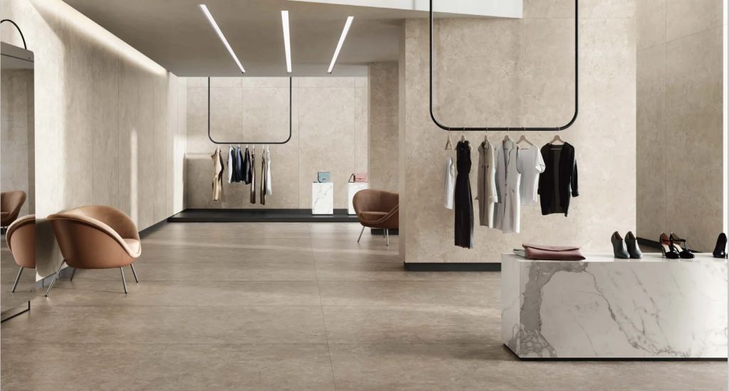 Realizace Realizace do šeda laděného obchodu Lagos Ivory a Sand ze serie Wide Gress 280