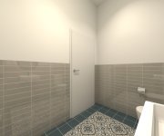 Vizualizace modrošedé koupelny s dekorovanou retro dlažbou