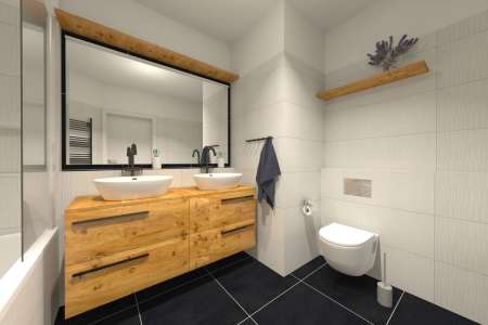 Vizualizace elegantní černobílé koupelny s plastickým obkladem Alaplana Ruano Blanco Mosaic Matt. + Rett. 33,3x90