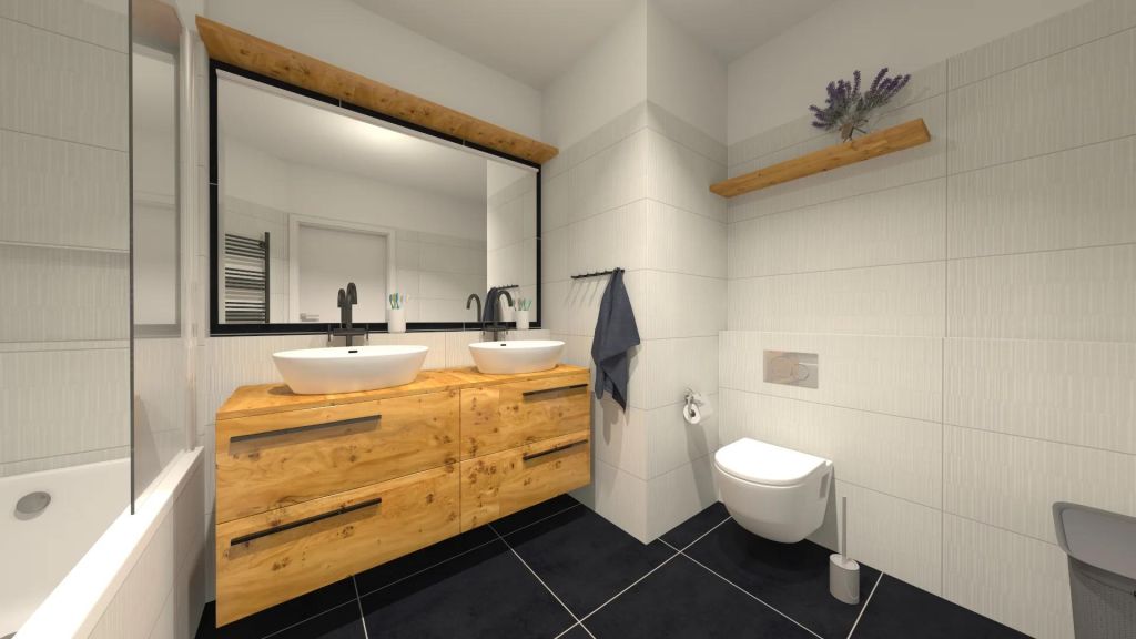 Realizace Vizualizace elegantní černobílé koupelny s plastickým obkladem Alaplana Ruano Blanco Mosaic Matt. + Rett. 33,3x90