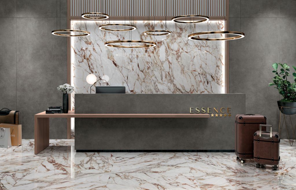 Realizace Lobby hotelu s velkoformátovým obkladem jako mramor ze série Mirage Cosmopolitan.