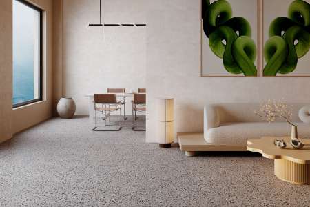 Terrazzo dlažba do hněda v obývacím pokoji ze série Navarti Nadinne.