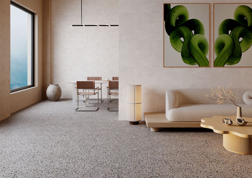 Realizace Terrazzo dlažba do hněda v obývacím pokoji ze série Navarti Nadinne.