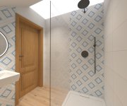 Modrobílá koupelna s geometrickým retro obkladem Bestile Pamesa Harmony Draw Squares a dlažbou jako dřevo Sichenia Pakett
