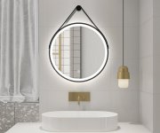 Aqualine Stago Kulaté Zrcadlo S Led Osvětlením ø 60cm, Kožený Pásek, Dotykový Senzor, Stmívatelné, černá Mat