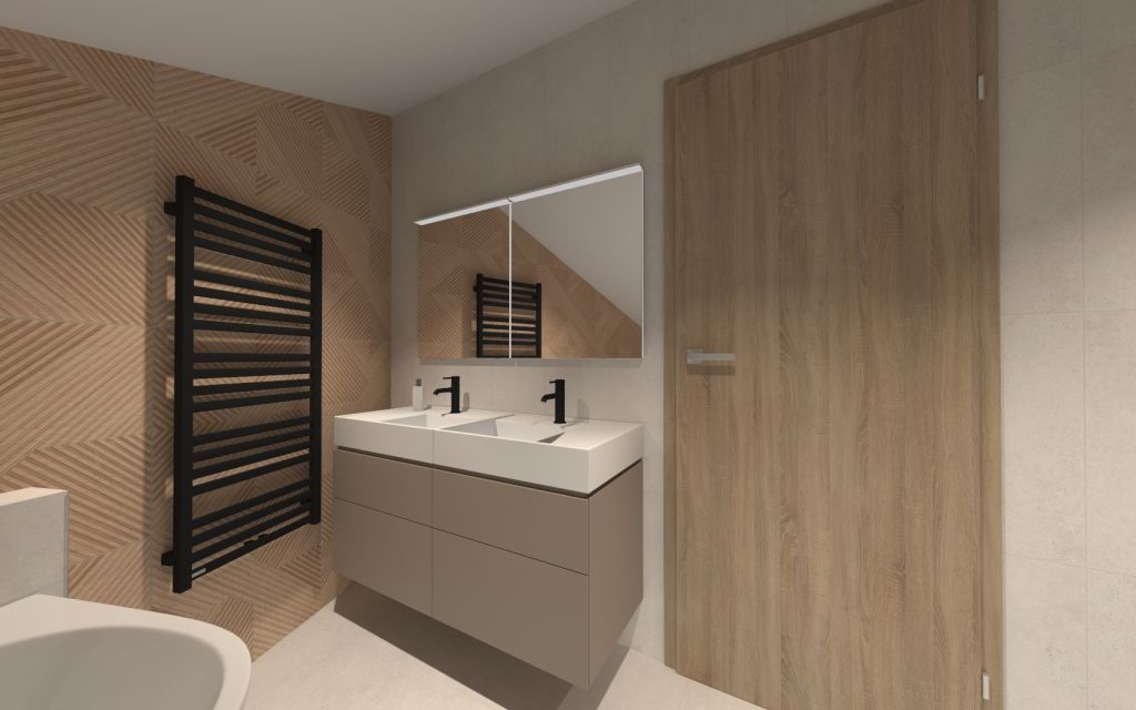 Realizace Vizualizace elegantní hnědobéžové koupelny s dlažbou jako kámen Cerdomus Croatia Avorio Safe a obkladem jako dřevo Colorker Wood Story