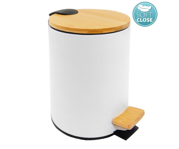 Aqualine Bambus Odpadkový Koš Kulatý 5l, Soft Close, Bílá Mat